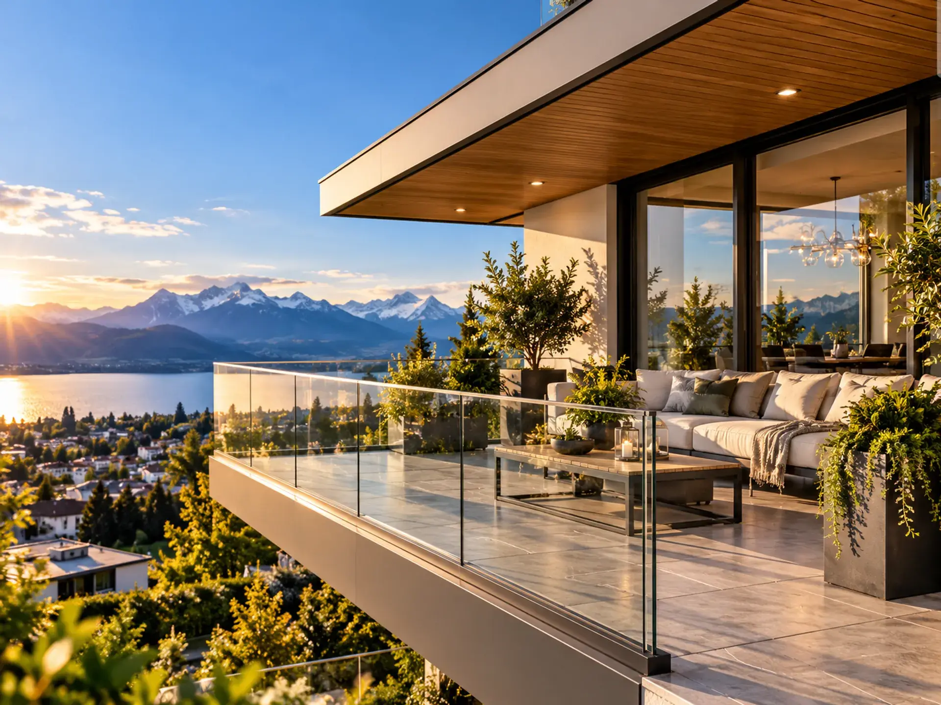 Visualisierung: Anbaubalkon BEO Balcony B1 Pure mit Glasgeländer an einem Wohnhaus, Blick auf See und Berge