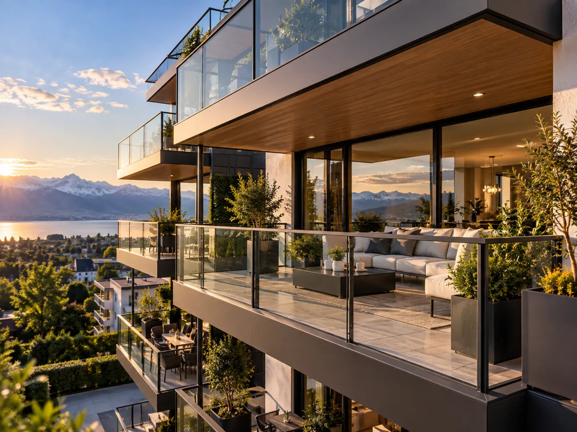 Visualisierung: Balkonanlage BEO Balcony M3 System mit übereinanderliegenden Balkonen und Glasgeländern an einem Mehrfamilienhaus