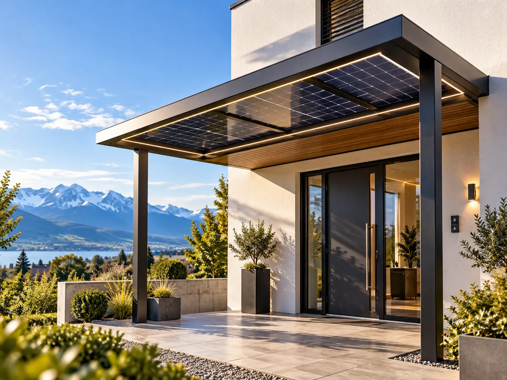 Visualisierung: Solar-Vordach BEO Entry V2 Solar mit Photovoltaik-Glasdach und LED-Lichtprofil über einem Hauseingang