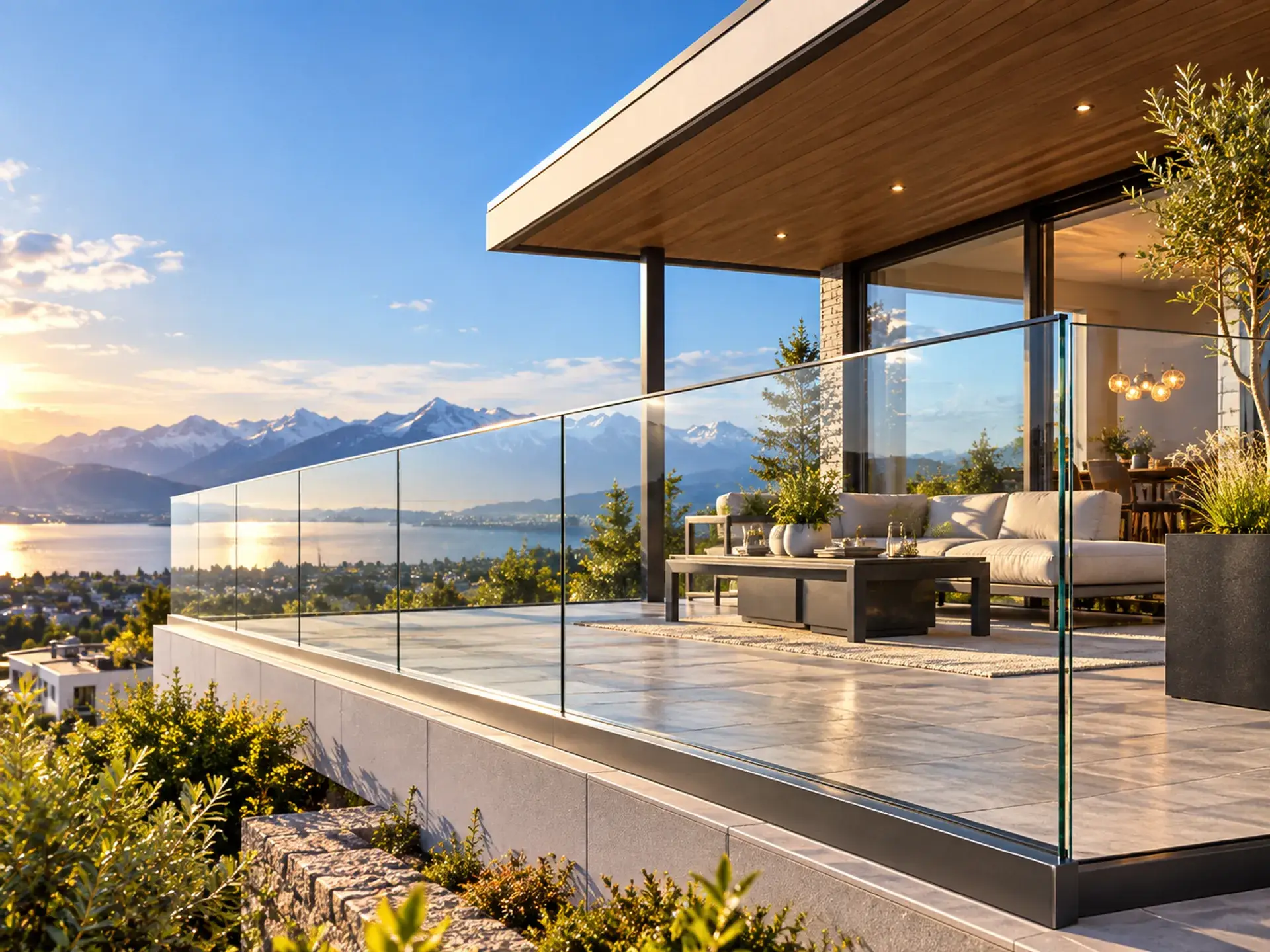 Visualisierung: rahmenloses Ganzglasgeländer BEO Glass G1 Pure an einer Terrasse mit Blick auf See und Berge