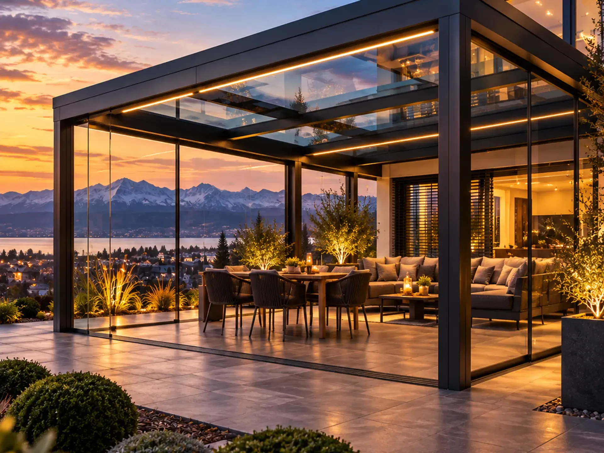 Visualisierung: Wintergarten BEO Living W20 Pro mit Glasdach und Schiebeelementen, abends beleuchtet, Blick auf See und Berge