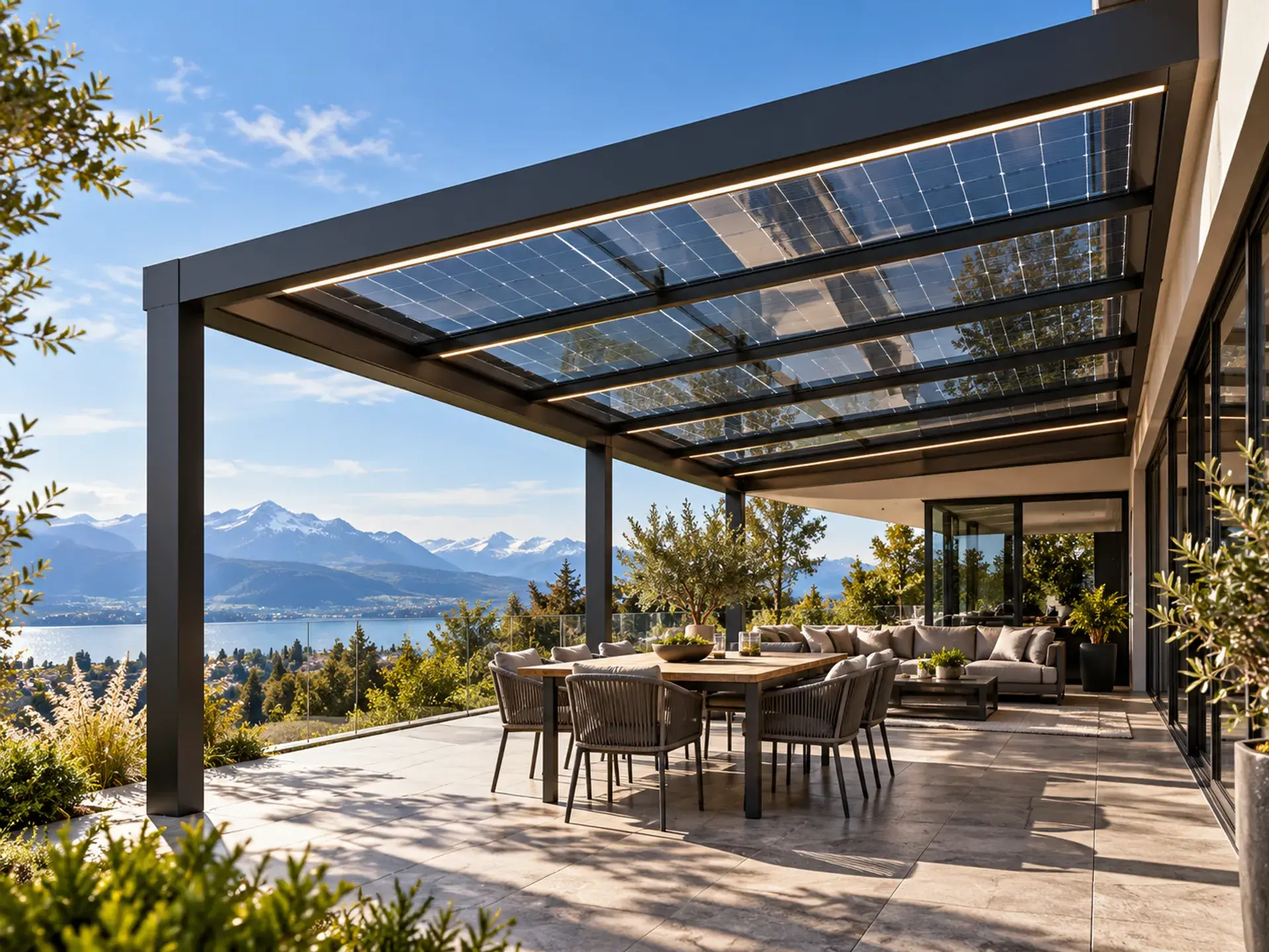 Visualisierung: Terrassenüberdachung BEO Terrace T6 Solar Glass mit Solar-Glasdach über einem Essplatz auf der Terrasse